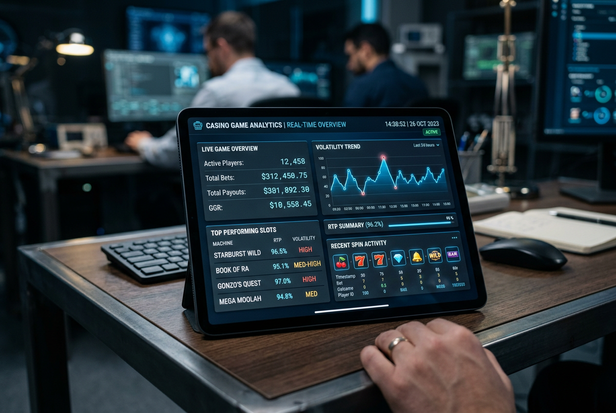 Digital dashboard showing casino game statistics and RTP analysis.